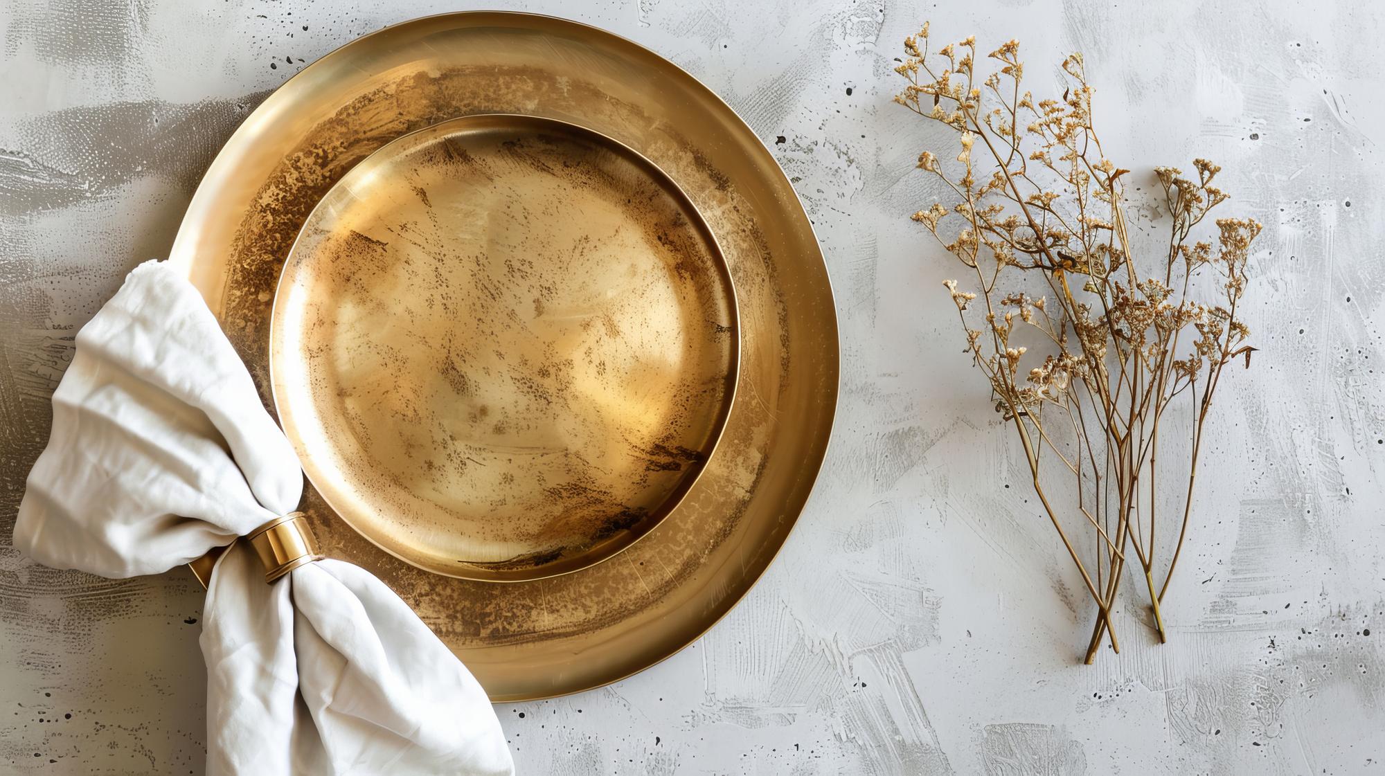 Large still-life of plated course with linen and brass